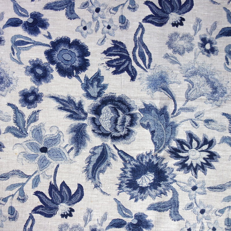 Micky's Crewel Blue Floral 100% Linen Fabric, Curtains, Roman Blinds and  Lampshades