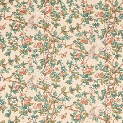 Green and Coral Floral Linen Fabric, Chinoiserie, Curtains and Blinds, Gypsy Floral